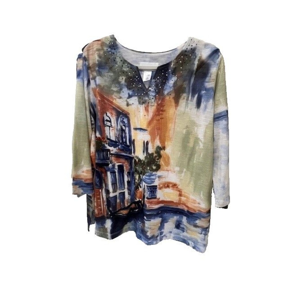 Alfred Dunner V-Neck Pullover Size L - Artsy Beaded Sparkly Scenic